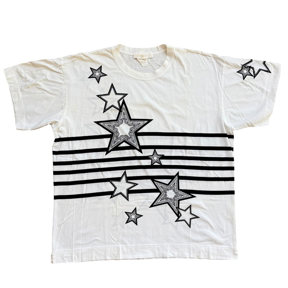 Escada Margaretha Ley Vintage Star Stripe T-Shirt White Cotton Made Germany 40